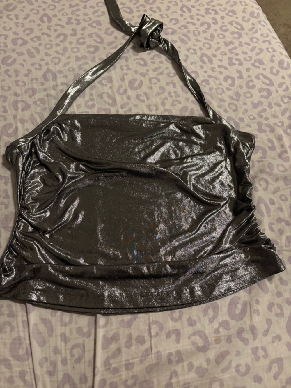 Shimmer Halter Crop Top in Metallic Charcoal